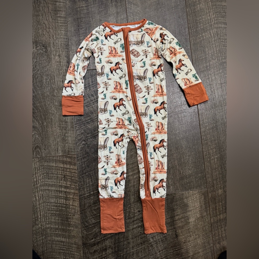 Little Sleepies Cream Pajamas with Rust Trim and Horse Print